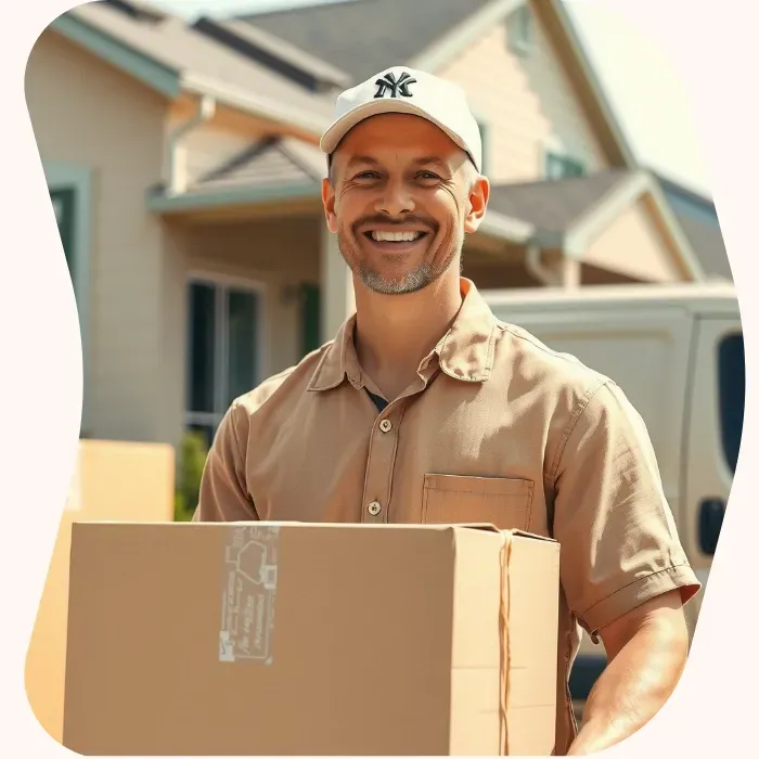 Two removalists moving boxes up stairs