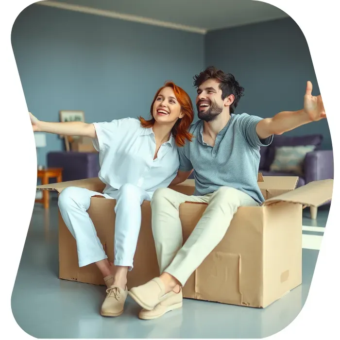 Two guys sitting on the floor of their apartment with Muval moving boxes